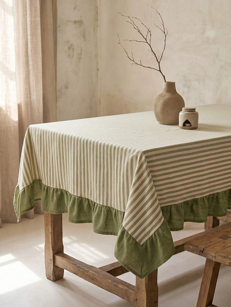 1pc Beige With Green Fine Stripes And Olive Green Ruffle Edge Tablecloth, Fresh Natural Style Fabric, Rectangular Olive Green Ruffle Edge Patchwork Detail Decorative Functional Dining Tablecloth Suitable For Daily Home Dining And Fresh Home Decor Scenes - Green - View 1