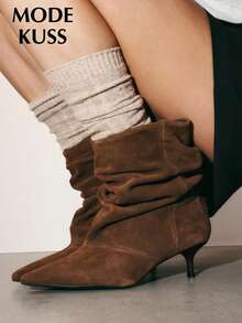 New Women's Autumn/Winter Popular Minimalist Fashion Ruched Stacked Pointed Toe Stiletto Heel Ankle Boots, Suitable For Daily Wear - Brown - View 2