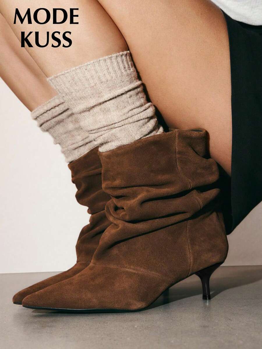 New Women's Autumn/Winter Popular Minimalist Fashion Ruched Stacked Pointed Toe Stiletto Heel Ankle Boots, Suitable For Daily Wear
