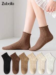 6 Pairs Women's Wood Frill Trim Socks, Spring/Autumn Mid-Calf Solid Color Short Socks, Stacked Socks, Seamless White Socks, Soft Comfortable Fashion Sweet, Suitable For Home, Outings, Sports, Various Occasions - Multicolor - View 4