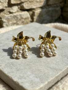 1 Pair Faux Pearl Flower Earrings, Fashionable & Unique - Gold - View 3