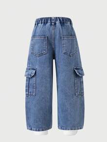 Boys Dual Side Large Pockets Cargo Wide Leg Denim Jeans Autumn Fashion Semi-Elastic Waist Washed Casual Straight Leg Long Pants - Medium Wash - View 2