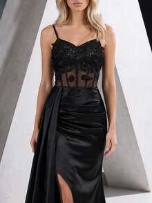 YISIKADO Women's Elegant Spaghetti Strap Slit Formal Evening Gown Party Dress Banquet Wedding Guest Dress - Black - View 6