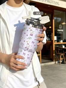 1pc/5pcs 30oz Cute Purple Duck Stainless Steel Insulated Tumbler With Handle And Straw, Cartoon Duck, Bow And Lavender Floral Print Design, Perfect Birthday And Holiday Gift, Leak-Proof Flip Lid, Suitable For Travel, Work, Fitness And Daily Outdoor Use - Purple-duckling - View 5