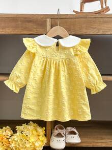 Gaun Jacquard Bunga 3D Kuning Gaya Putri untuk Bayi Perempuan, Gaun Lengan Panjang Kerah Berkerut Warna Kontras Manis Gaya Prancis, Musim Gugur/Semi - Kuning - View 3