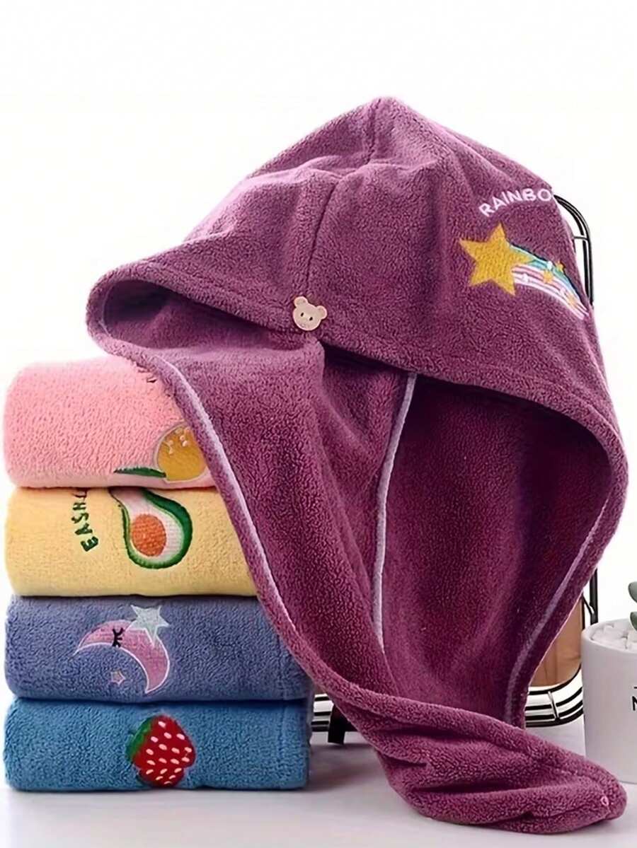 1 chiếc khăn lau tóc thêu hình sao trăng dễ thương, khăn quấn tóc turban microfiber thấm hút nhanh, mũ tắm cài nút mềm mại dùng khi tắm và gội đầu