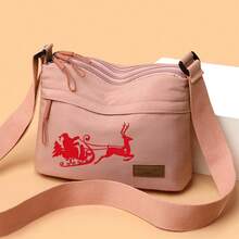 Women's Campus Christmas Pattern Shoulder Bag, Suitable For Shopping, Travel, Back To School, Printed With Reindeer Pulling Sleigh Design, Christmas Pattern Elements, Large Capacity Shoulder Bag, Multiple Colors Available, Fashion Shoulder Bag. - Shoulder Bag - View 4