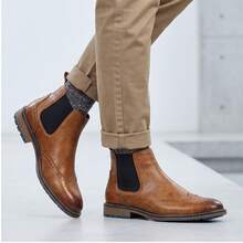 Men's Chelsea Boots With Brogue Print Leather Upper, Dual-Color Rubber Outsole, Non-Slip , Vintage Style Commuter Business Boots - بني - مشاهدة 1