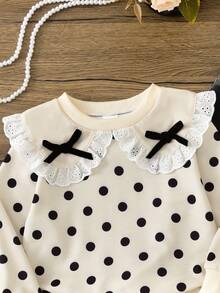 Vihyde Young Girls Sweet Polka Dot Bow Lace Peter Pan Collar Sweatshirt & Flare Jeans 2 Pieces Outfit Set - Apricot - View 6