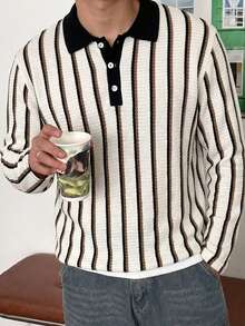 Men's Vintage Colorblock Vertical Striped Polo Collar Long Sleeve Top, Loose Textured Casual Turn-Down Collar T-Shirt - Multicolor - View 3