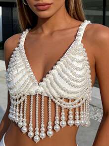 1pc Punk Style Bralette Top With Unique Tassel Design, Suitable For Clubbing, Parties And Music Festivals, Women Body Chain - White - View 12