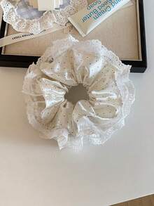 Glossy Ivory Satin Hair Accessory With Small Black Water Drop Pattern, Multi-Layered Hollow Floral Embroidered Mesh Lace Outer Layer, Oversized Soft Ruffle Decor, High Elastic Hairband, Suitable For Half-Up Hairstyle, Perfect For Date Outfits Or Matching Soft Pastel Casual Wear - Regular Model - View 3