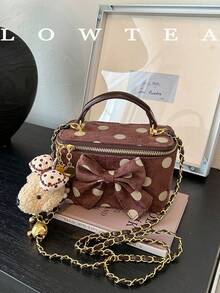 Low Tea 1件純色天鵝絨面料女款時尚迷你方型手提包，滿版圓點圖案，單個頂部手柄設計，拉鍊開合，適合旅行、購物、約會，女性禮物，通勤、戶外、出遊適用（附吊飾） - 咖啡 - 查看 2