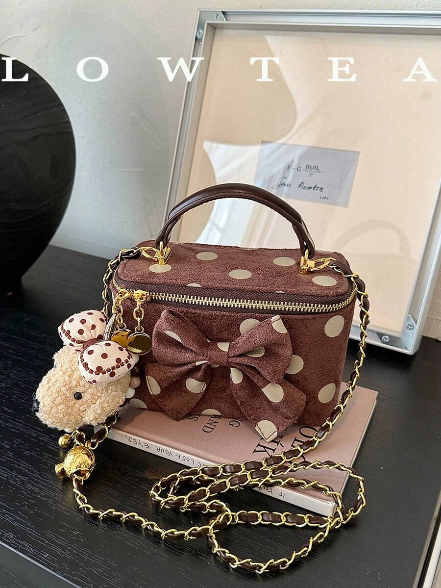 Low Tea 1件純色天鵝絨面料女款時尚迷你方型手提包，滿版圓點圖案，單個頂部手柄設計，拉鍊開合，適合旅行、購物、約會，女性禮物，通勤、戶外、出遊適用（附吊飾）