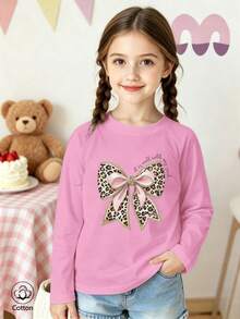 Girls Cotton Twill Long-Sleeved T-Shirt, Autumn/Winter Style, With Leopard-Print Bow Design, In A Cute And Sweet Preppy Style - Light Wine Red - View 3