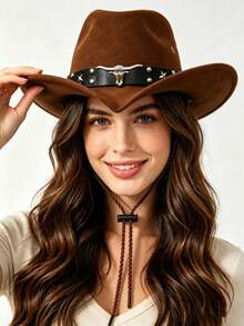 Women Western Cowboy Hat, Retro Wide Brim Cowgirl Hat With Metal Bull Head Rivet Decor, Wind Rope Adjustable Faux Suede Party Travel Festival Sun Hat - Folded Three-strand Rope Cowhide Hat - View 3