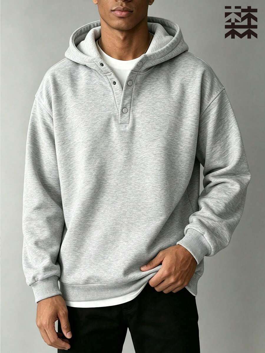 mulinsen 男士天鵝絨衛衣,秋冬新款寬鬆版型亨利領鈕扣連帽衛衣,純色休閒加厚款 - 淺灰色 - 查看 1