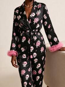 Women's Black & Pink Halloween Skeleton Print Satin Pajama Se Smooth Faux Silk Fabric,Party & Home Wear 2-Piece Set - Black - View 4