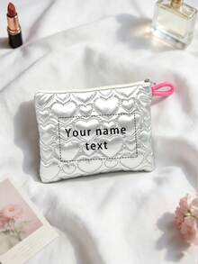 Personalized Custom Name Quilted Makeup Bag, Heart And Bow Embossed Cosmetic Pouch, Zipper Travel Storage Bag, Sanitary Napkin Bag, Custom Gift For Women - Multicolor - View 11