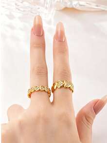 2pcs Sweet & Cool Y2K Fashion Stainless Steel Gold Ring Set, Full Rhinestone Heart Chain Design, Suitable For Women's Daily Wear, Dating, Engagement, Wedding, Holiday, Saudi National Day - Gold - View 1