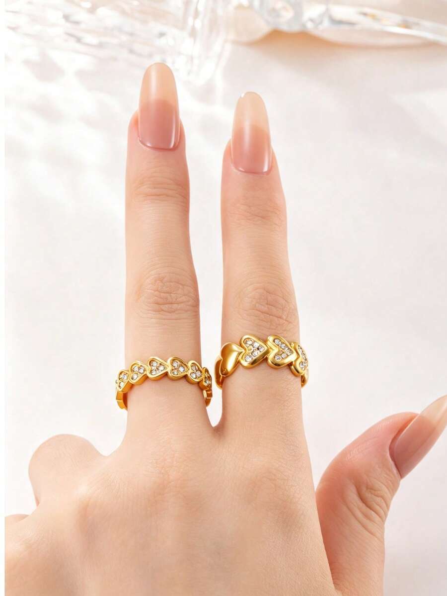 2pcs Sweet & Cool Y2K Fashion Stainless Steel Gold Ring Set, Full Rhinestone Heart Chain Design, Suitable For Women's Daily Wear, Dating, Engagement, Wedding, Holiday, Saudi National Day - Gold - View 1