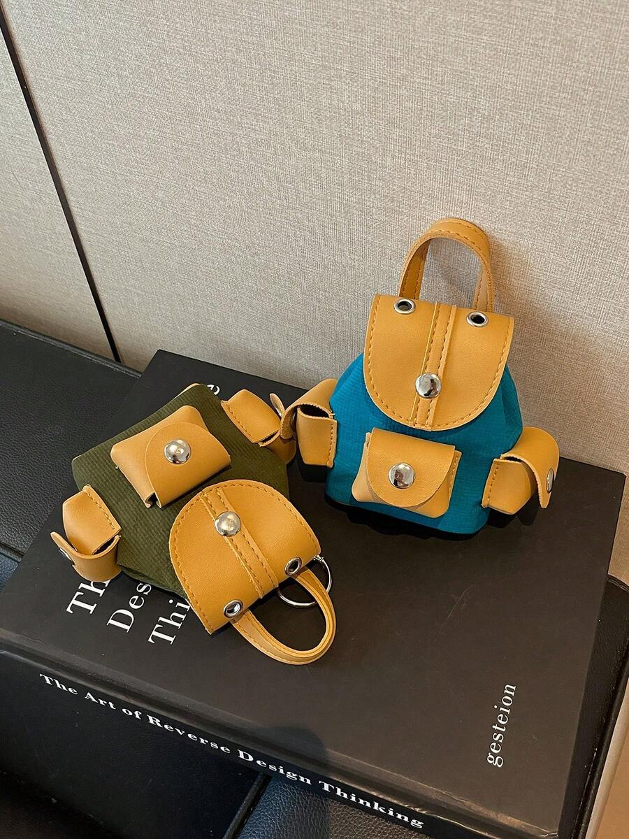 Dompet Koin Tas Mini Tas Liontin Ransel Mini Tas Liontin INS Blok Warna PU Patchwork Gantungan Kunci Tas Kecil Dapat Digantung di Sabuk Tempat Penyimpanan Earphone Lipstik Tas Kecil Ransel Liontin Ransel Tas Liontin
