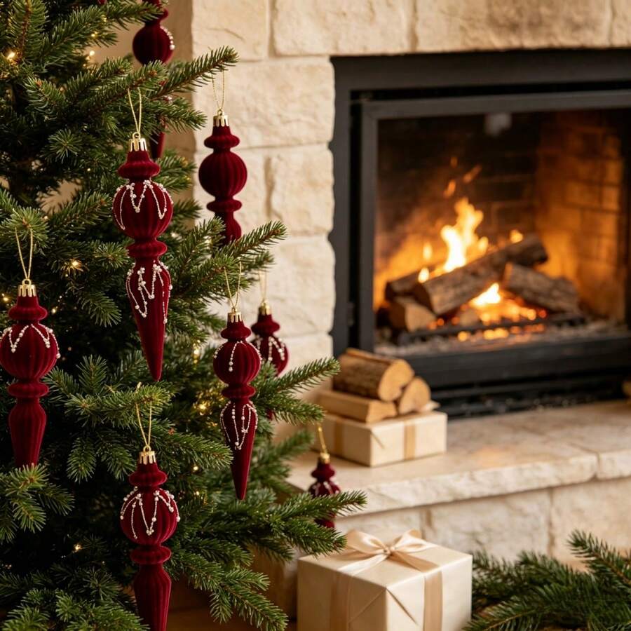 6Pcs Velvet Icicle Ornaments For Christmas Tree Holiday Hanging Decorations - Claret - View 1