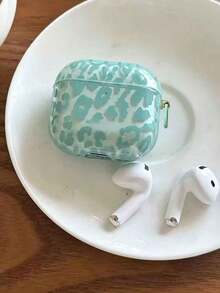 1pc Transparent Green Korean Style Minimalist Leopard Print Earphone Case With Hanging Ring, Compatible With AirPods Pro 2, 4, 3, 1/2, Cute Protective Cover For Girls - Cadet Blue - View 1