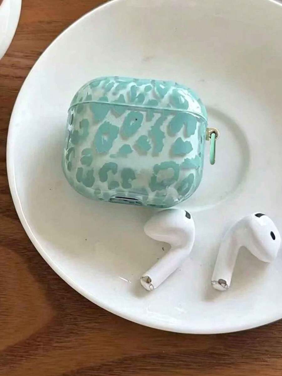 1pc Transparent Green Korean Style Minimalist Leopard Print Earphone Case With Hanging Ring, Compatible With AirPods Pro 2, 4, 3, 1/2, Cute Protective Cover For Girls - Cadet Blue - View 1