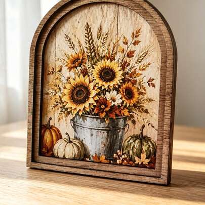 1pc Vintage Autumn Sunflower Pumpkin Arch Desktop Decor Sign, Wheat Maple Leaf Farmhouse Style Fireplace Mantel Desk Decoration, Vintage Harvest Thanksgiving Autumn Country Pastoral Indoor Window Display Seasonal Home Decor Wall Sign