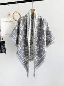 1PcWomen Winter Snowflake Geometric Print Fringe Triangle Shawl, Soft Imitation Cashmere Warm Wrap Scarf, Versatile Outer Cape For Fall Daily Outfit - Multicolor - View 8