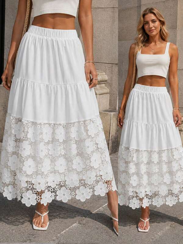 Women's Elegant White Non-Stretch Woven A-Line Long Skirt With Delicate Contrasting Lace Details