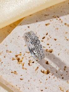 2pcs Stainless Steel Silver Series Rhinestone Honeycomb Ring Set, Suitable For Women's Daily Wear - Silver - View 2