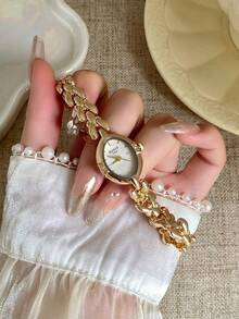 1pc Exquisite White Oval Small Dial Unique Gold Strap Thin Bracelet Vintage Style, Suitable For Women's Daily Wear - Gold - View 3