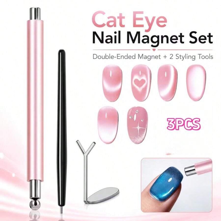 3Pcs Cat Eye Manicure Styling Kit, Heart Shaping Metal Tool And Micro Bead Dot Pen For Salon Nail Design - Multicolor - View 1