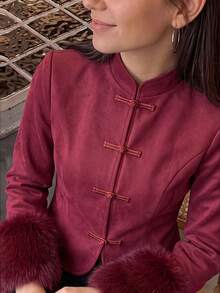Women's Stand Collar Frog Button Faux Suede Jacket, Artificial Fur Cuffs Long Sleeve Slim Fit Short Coat - Burgundy - View 7