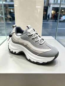 2026 Autumn/Winter New Chunky Sneakers, Thick Sole, Fashionable, Beautiful, Commuting, Outdoor, Travel, Campus, Versatile Lace-Up Gym - Grey - View 1