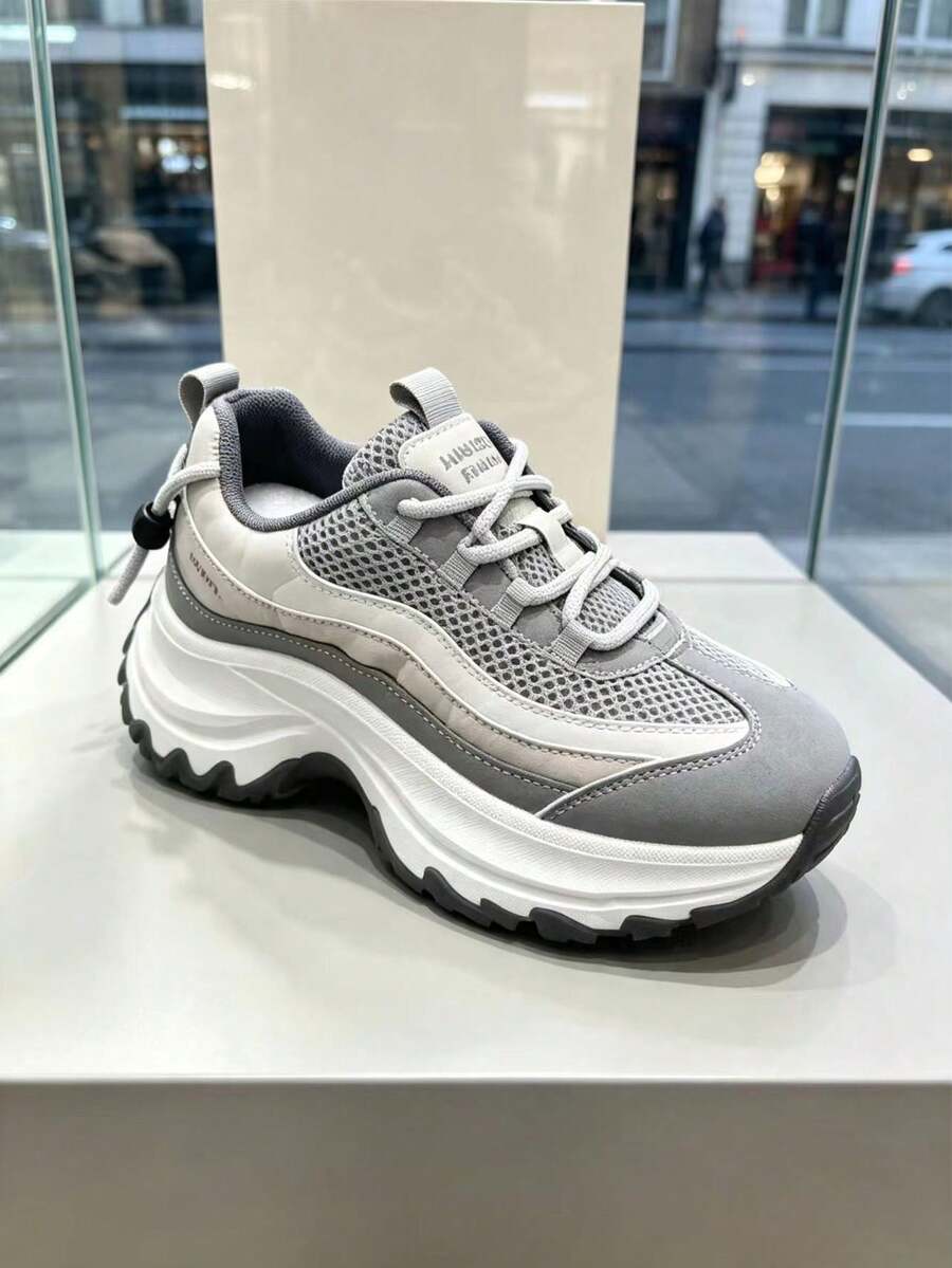 2026 Autumn/Winter New Chunky Sneakers, Thick Sole, Fashionable, Beautiful, Commuting, Outdoor, Travel, Campus, Versatile Lace-Up Gym - Grey - View 1
