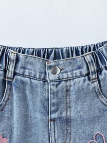 Girls Pink Heart Embroidered Washed Elastic Waist Straight Leg Wide Leg Denim Jeans Suitable For Autumn Daily Wear - Light Wash - View 3