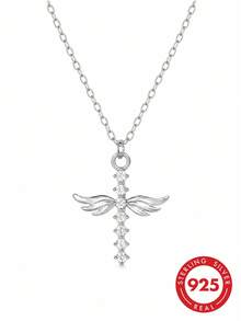 lunastudio 1pc 925 Sterling Silver Angel Wings Sparkling Necklace For Women Daily Wear - Silver - View 2