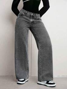 Jeans rectos de cintura baja de unicolor y ajuste holgado para adolescentes - Gris Oscuro - Ver 5