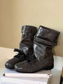 2025 New Kitten Heel Ruched Knee-High Stacked Boots Pointed Toe Over-The-Knee High Shaft Boots Vintage Wide Barrel Knight Boots - Grey - View 10