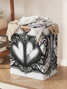 1PC Storage Basket, Laundry Hamper, Washing Basket, Storage Bucket, Heart‑Pattern Printed Design, Storage Basket With Wooden Handle, Foldable Multi‑Purpose Storage Bin, For Daily Clothes Storage & Organization - Multicolor - View 2