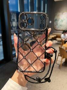 Heart-Shaped Phone Lanyard Rhinestone Quilted Electroplated TPU Phone Case Protective Cover Compatible With IPhone 17/18/11/11 Pro/11 Pro Max/12/Phone 12 Pro/11 Pro Max/12/12 Pro/12 Pro Max/13/13 Pro/13 Pro Max/14/14 Pro/16 Plus/14 Pro Max/15/15 Pro/15 Plus/15 Pro Max/17PROMAX/16PM/Protective Shell - Black Phone Case and Lanyard - View 4