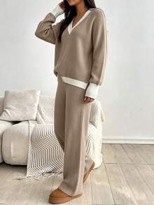 Women 2 Pieces Matching Set Solid Ribbed V‑Neck Long Sleeve Knit Sweater & Pants ElegantCasual CommuterOutfitFallWinterOffice DatingLoungewearforLadies - Khaki - View 7