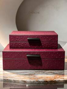 1 Set 2pcs Large And Small Ostrich Pattern PU Leather Jewelry Boxes With Metal Handles, Luxury Burgundy Rectangular Lidded Jewelry Storage Box, Bedroom Vanity Home Decor Gift - White - View 14