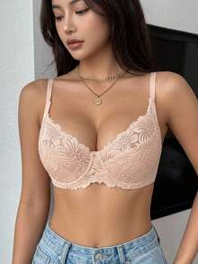 DAZY Women's Lace Patchwork Jacquard Wave Pattern Underwire Supportive Push-Up Bra - Apricot - View 4