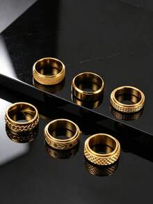 Hipoem 6pcs Hip Hop Fashion High-End Stainless Steel Chain Sun Moon Fish Scale Matte Multi-Style Combination Rings Men's Birthday Outfit Accessories - Gold - View 4