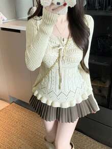 Elegant Hollow-Out Waist-Cinching Long Sleeve Knit Top For Women, Early Autumn Soft Style Slimming Short Length Regular Shoulder Blouse - White - View 3