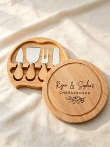 Personalized Engraved Wooden Charcuterie Cheese Board Set With Marble And Wood Coasters And Cheese Knife, Custom Cutting Board, Suitable For Wedding Couples, Bridal Shower, Engagement And Housewarming Gifts - Multicolor - View 5